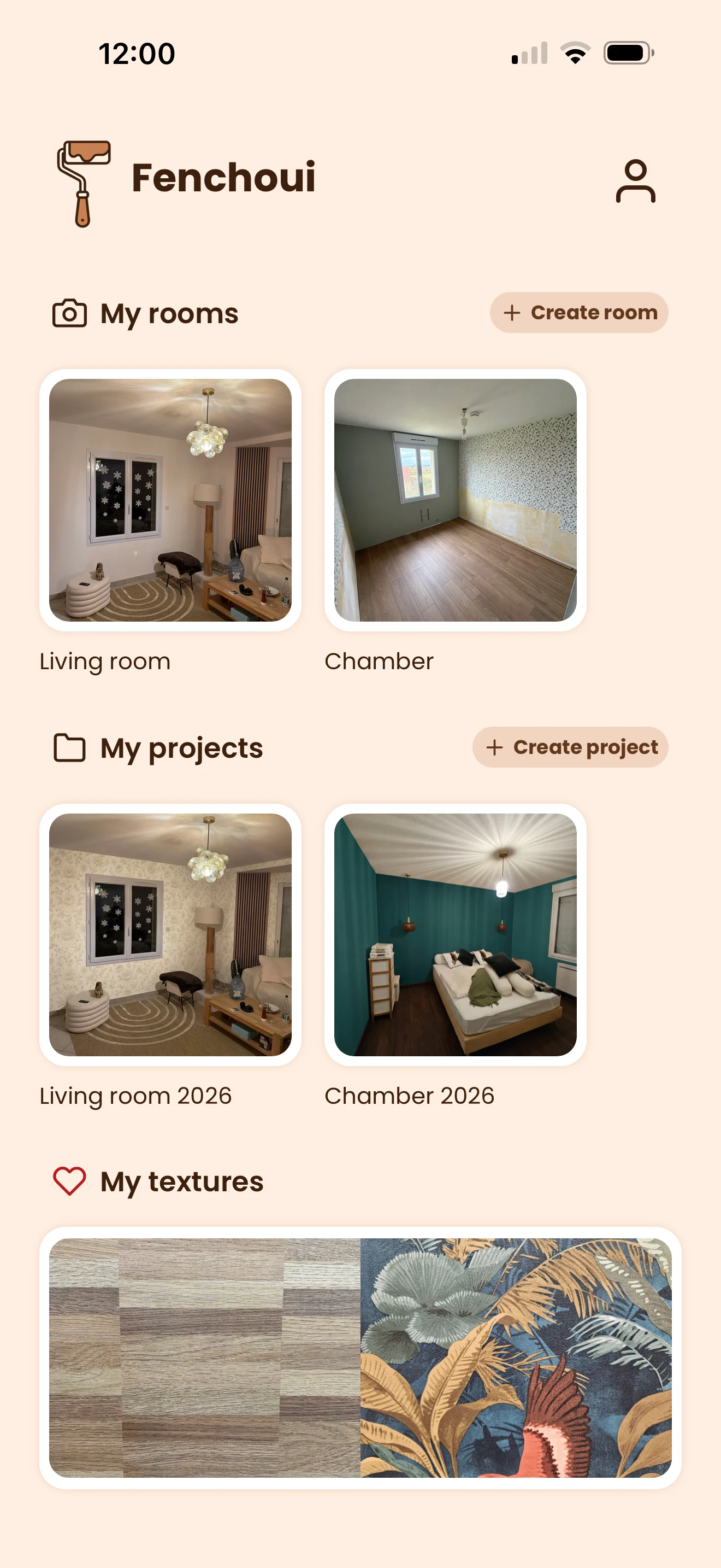 Fenchoui app - Home screen with all rooms, projects and custom textures